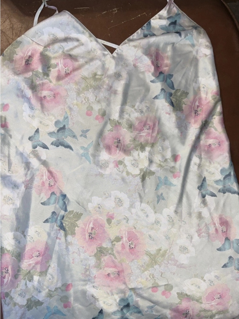 Victoria's Secret Light Blue Floral Satin Chemise with Pink & White Flowers